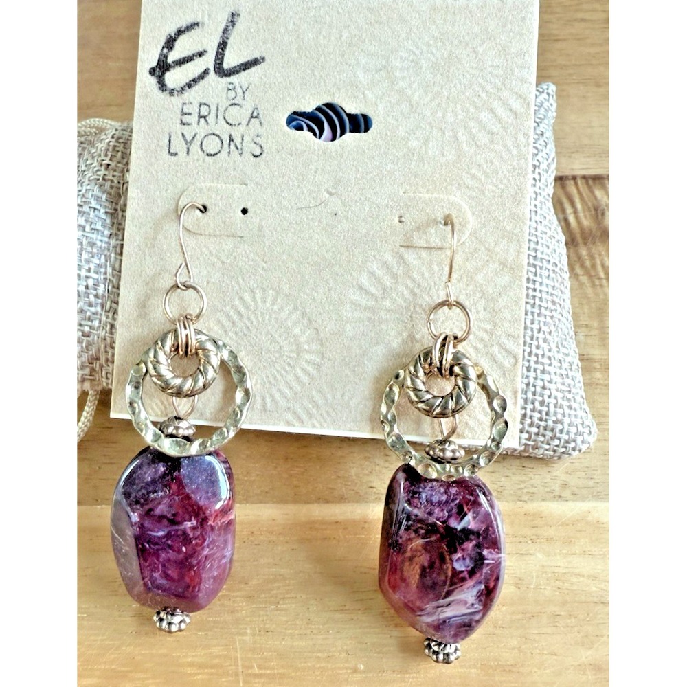EL by Erica Lyons Bohemian Plum Dangle Drop Earrings Textured Gold Tone Hook NEW